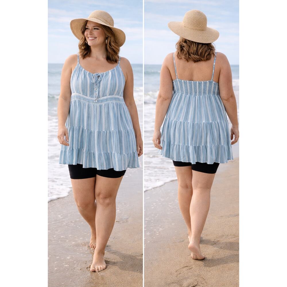 Angie Plus Size 2X Blue White Striped Tiered Boho Sundress Tie Front Beach Gauze - Picture 1 of 7